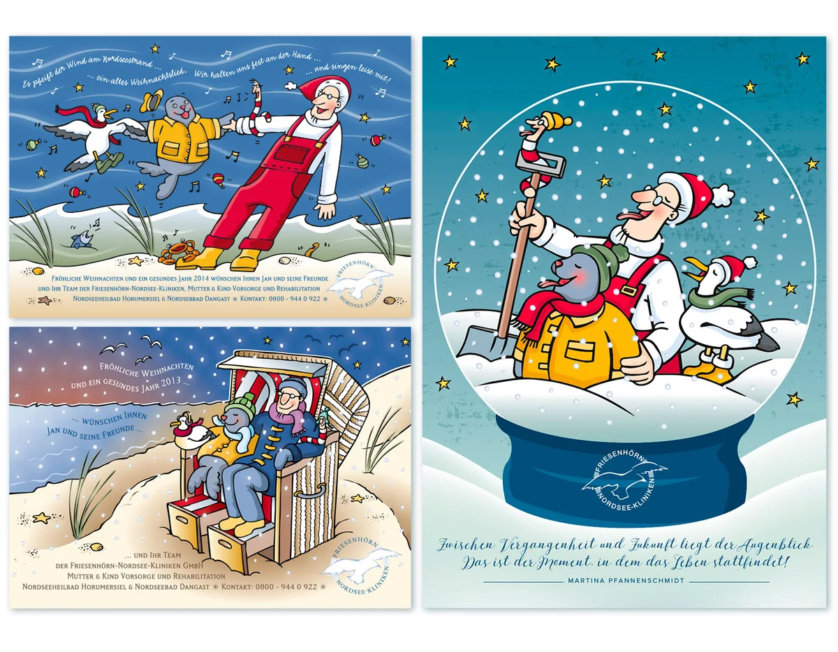 Illustration von Jenne Baule-Prinz: 3 Weihnachtskarten, Friesenhörn-Nordsee-Kliniken