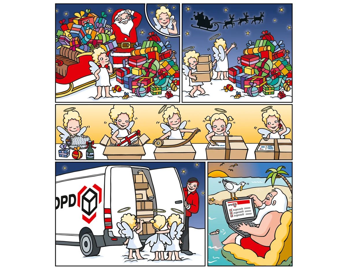 Illustration von Jenne Baule-Prinz: Weihnachtscomic DPD für Weber Shandwick