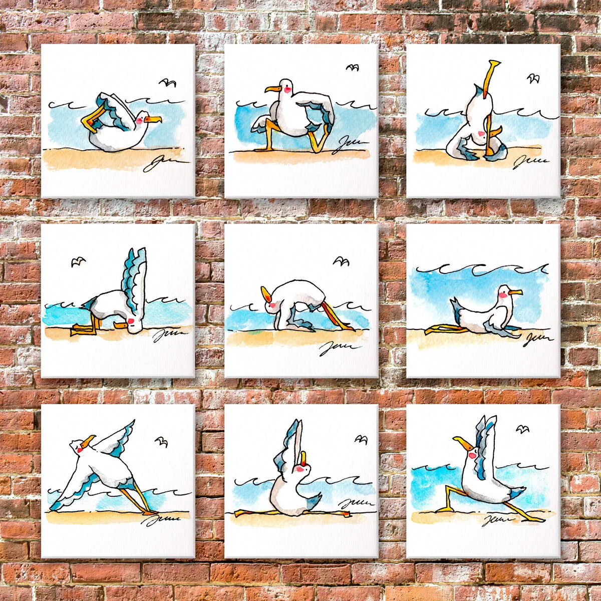 Neun Aquarelle mit Yoga machenden Möwen an einer Backsteinwand, Motive aus dem Prinzenart Design Store